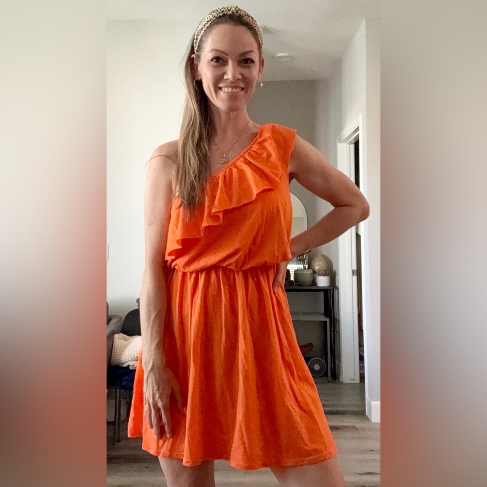 Michael Stars Orange Asymmetrical Ruffled One Shoulder Dress